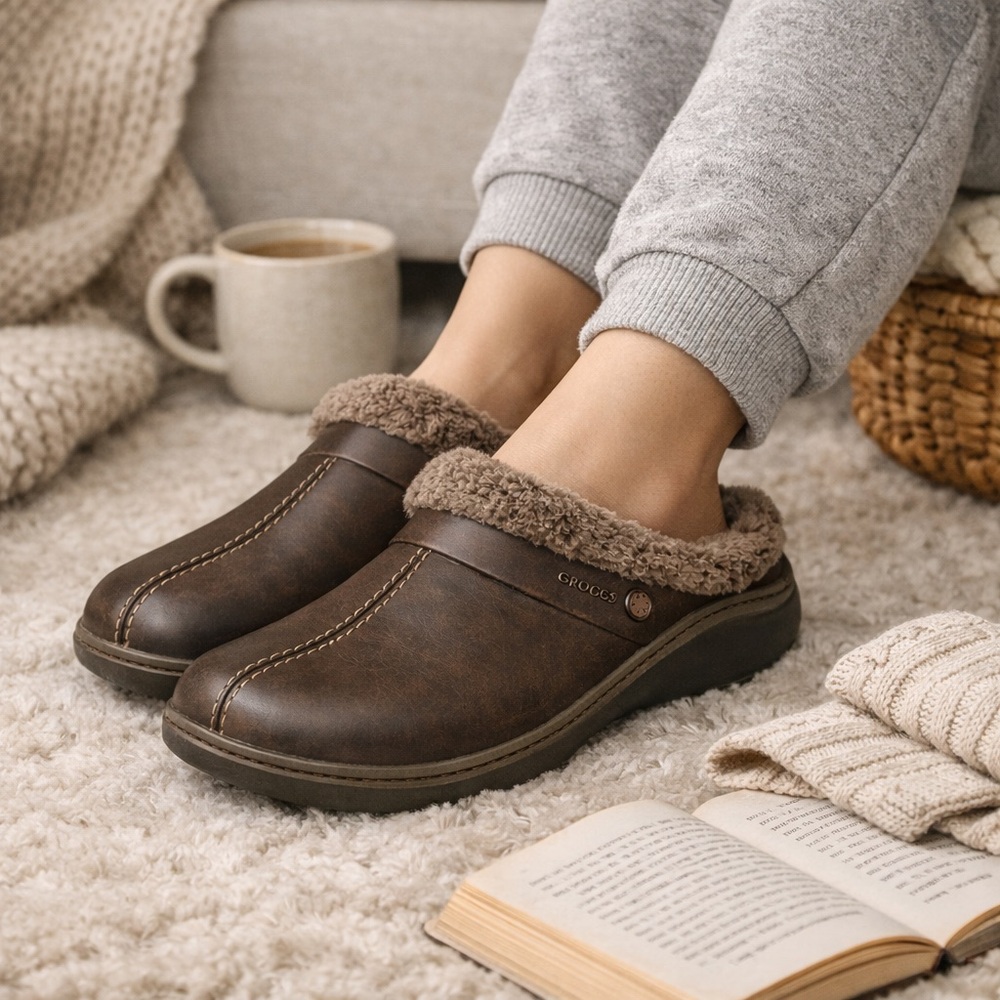 Crocs Brown Fleece Lined Clogs Mule Slippers Women’s Size 7 Cozy Winter Comfort